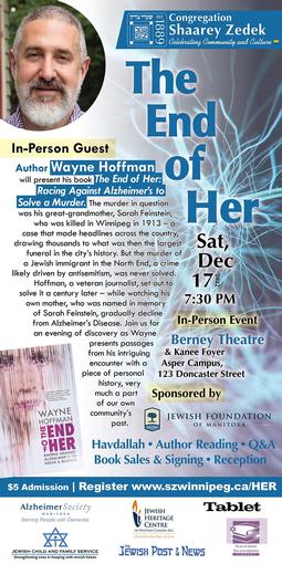 Who Killed Winnipeg’s Sarah Fainstein? Journalist Wayne Hoffman gives Fascinating Talk about Investigating her murder at Event Put on by Shaarey Zedek