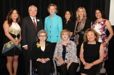 Top (Left to Right): WEF Luncheon Co-Chair Dianne Lieberman, Ted Ransby on behalf of WEF Honouree Carolyn Ransby z’’l, The Honourable Janice Filmon, Lieutenant Governor of Manitoba, JFM President Anita Wortzman, Heart & Stroke Foundation CEO Allison Kesler, WEF Luncheon Co-Chair Jessica Cogan Bottom (Left to Right): WEF Honouree Yhetta M. Gold, C.M., O.M., WEF Honouree Joanne Rothberg, JFM CEO Marsha Cowan