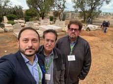 L to R; Gustavo Zentner, MP Marty Morantz, and Jeff Lieberman at a kibbutz cemetary in central Israel, where Canadian victims of the Hamas attacks were buried.